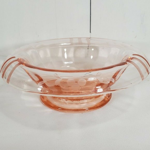 Vintage Pink Depression Glass Etched Rolled Rim Bowl stripes floral garland 7.5" - Picture 2 of 8